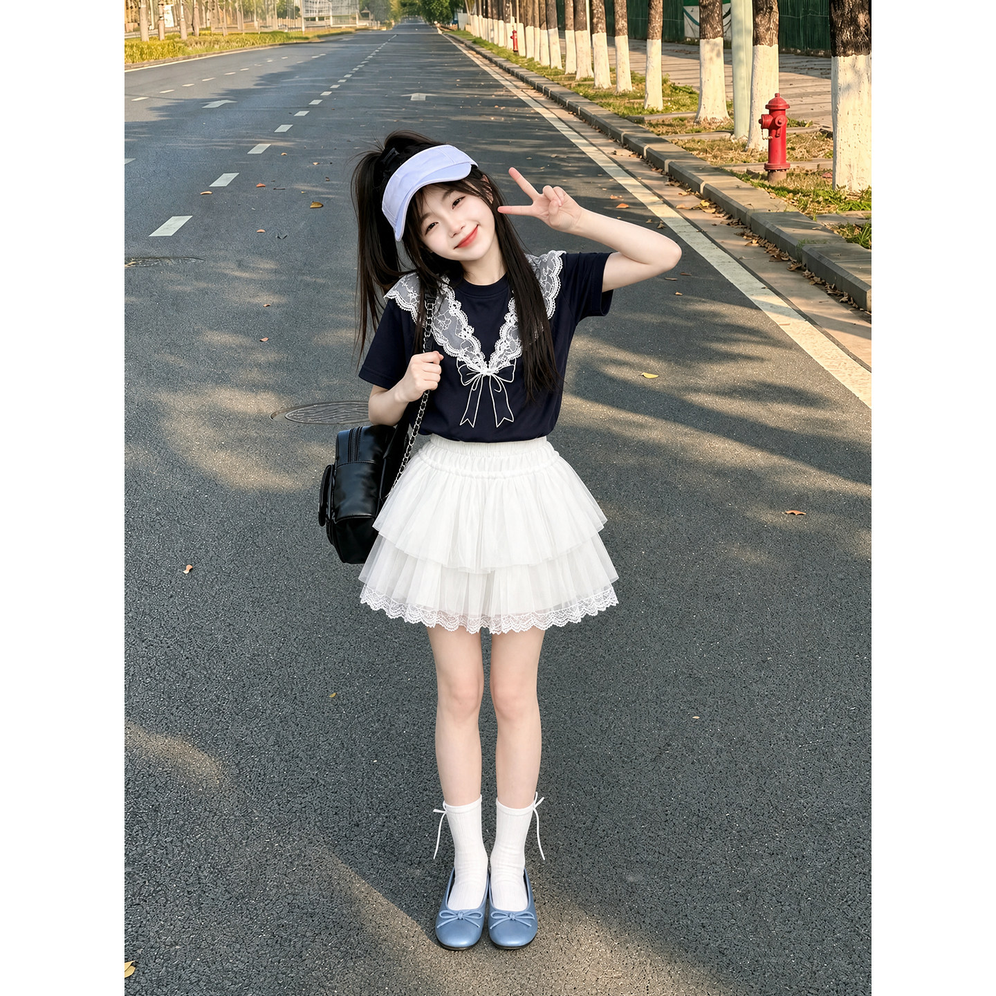 壹妈女中大童夏季短袖蛋糕裙套装图片