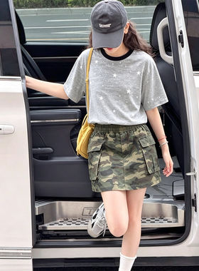 壹妈女大童美式迷彩工装高腰短裙