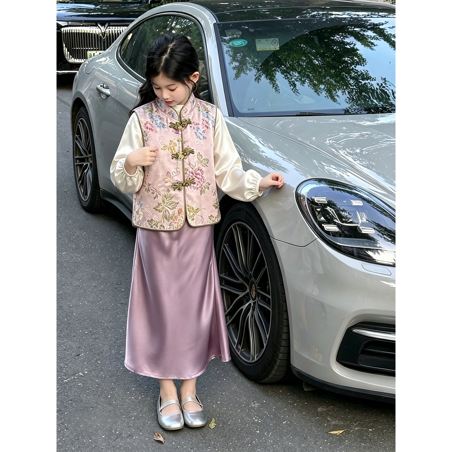 壹妈女大童新中式碎花旗袍套装