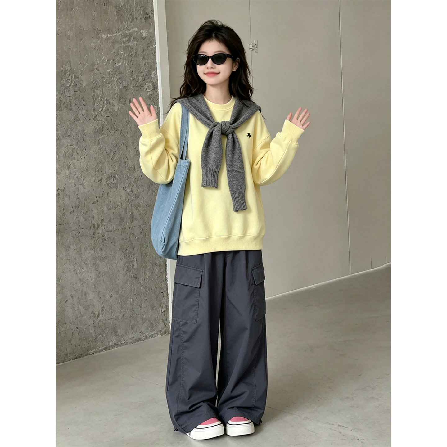 壹妈女大童秋季套装初中生女孩韩系休闲风黄色圆领卫衣工装阔腿裤