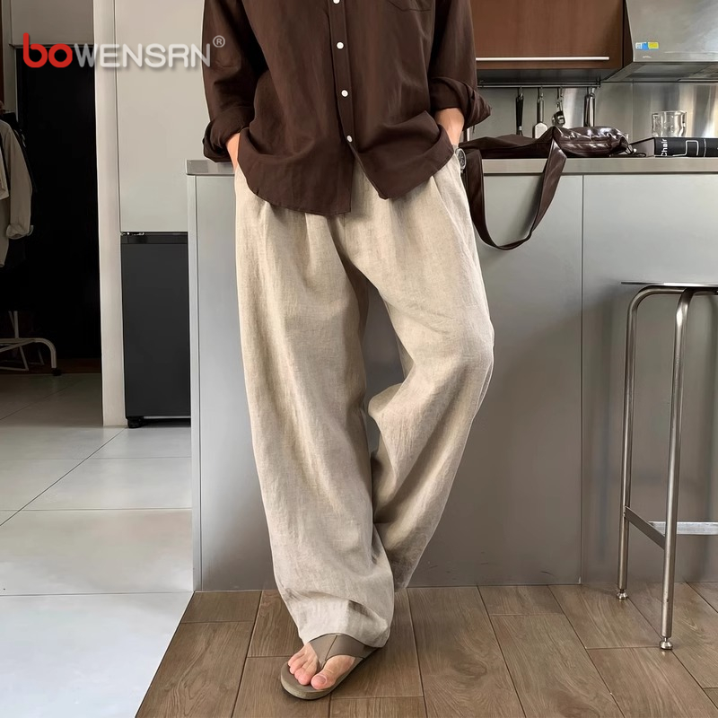 高端亚麻休闲裤男士2025新款夏季薄款男裤阔腿直筒棉麻长裤子男款