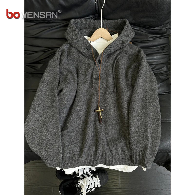 重磅深灰色连帽针织衫男士2025新款秋冬季高级感美式慵懒毛衣男款