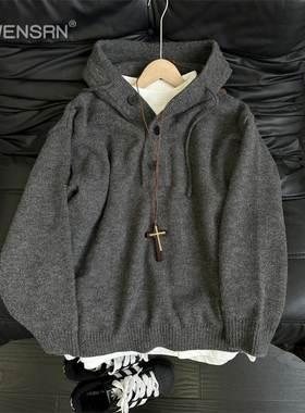 重磅深灰色连帽针织衫男士2025新款秋冬季高级感美式慵懒毛衣男款