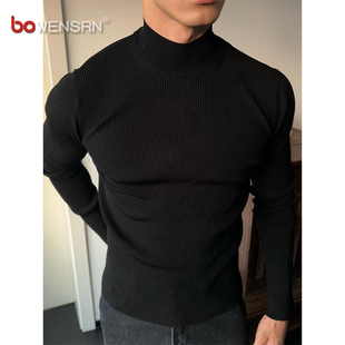 高端黑色半高领针织毛衣男士2025新款春秋冬季长袖t恤打底衫男款