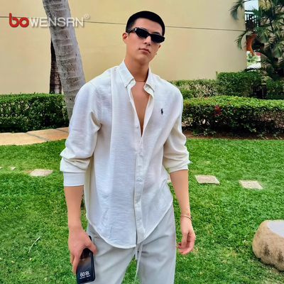 老钱亚麻风刺绣衬衫男士2025新款夏季痞帅高级感防晒长袖衬衣男款