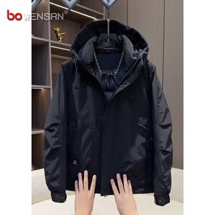 潮牌工装羽绒服男士2025年新款冬季爆款白鸭绒连帽冲锋衣外套男款