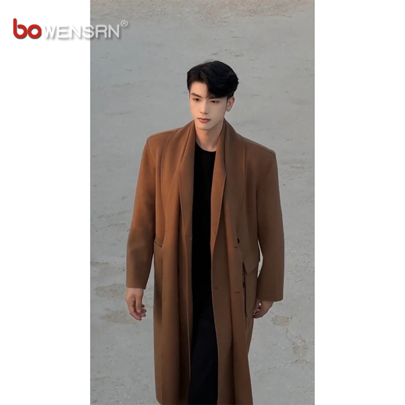 美拉德双层领毛呢大衣男士2025新款冬装中长款假两件风衣外套男款