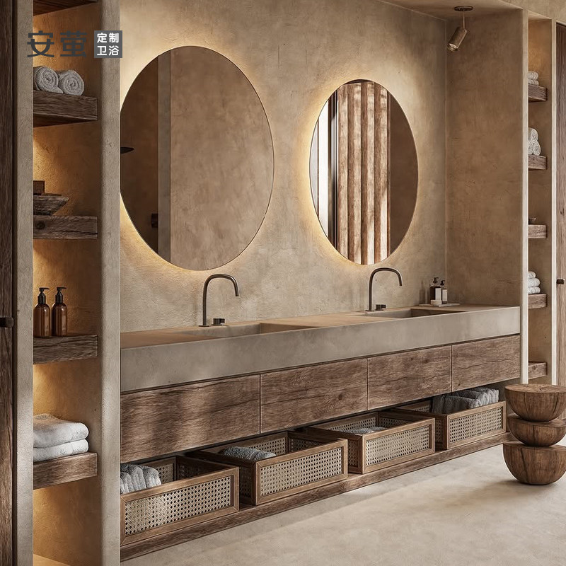 中古风浴室柜组合岩板一体盆洗漱台卫生间定制复古实木洗手脸面池,家装主材,浴室柜组合,淘宝优惠券,粉丝福利购,淘宝优惠卷