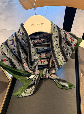 Mrakeai Kyyds MK丝巾小方巾复古仿丝绒绿色骏马皮扣万能领巾搭西