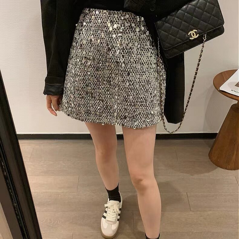 韩版高腰亮片A字半身裙女银色显瘦百搭短裙防走光裙子