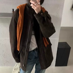 工装风立领麂皮羽绒服女中长款黑色厚外套百搭保暖