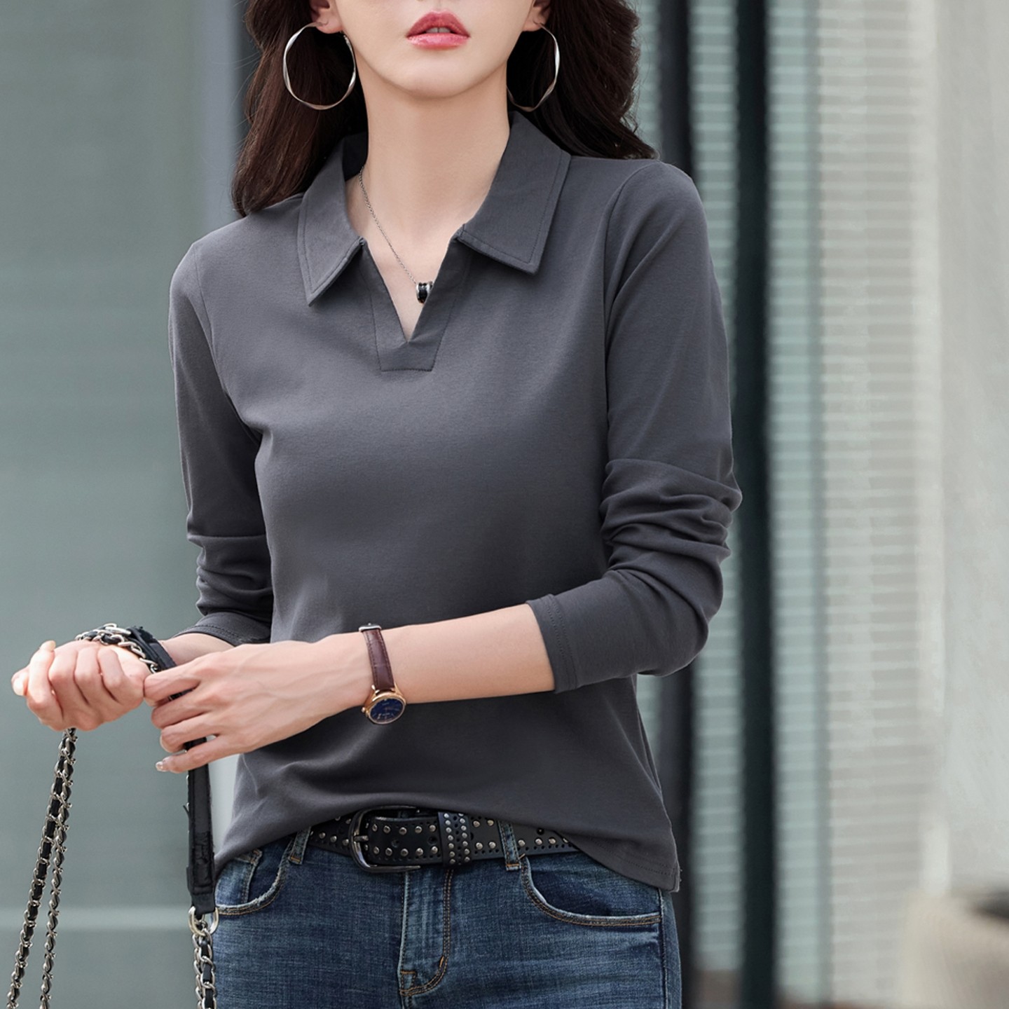 灰色polo领长袖t恤女2026新款春秋纯色棉质打底衫内搭洋气上衣