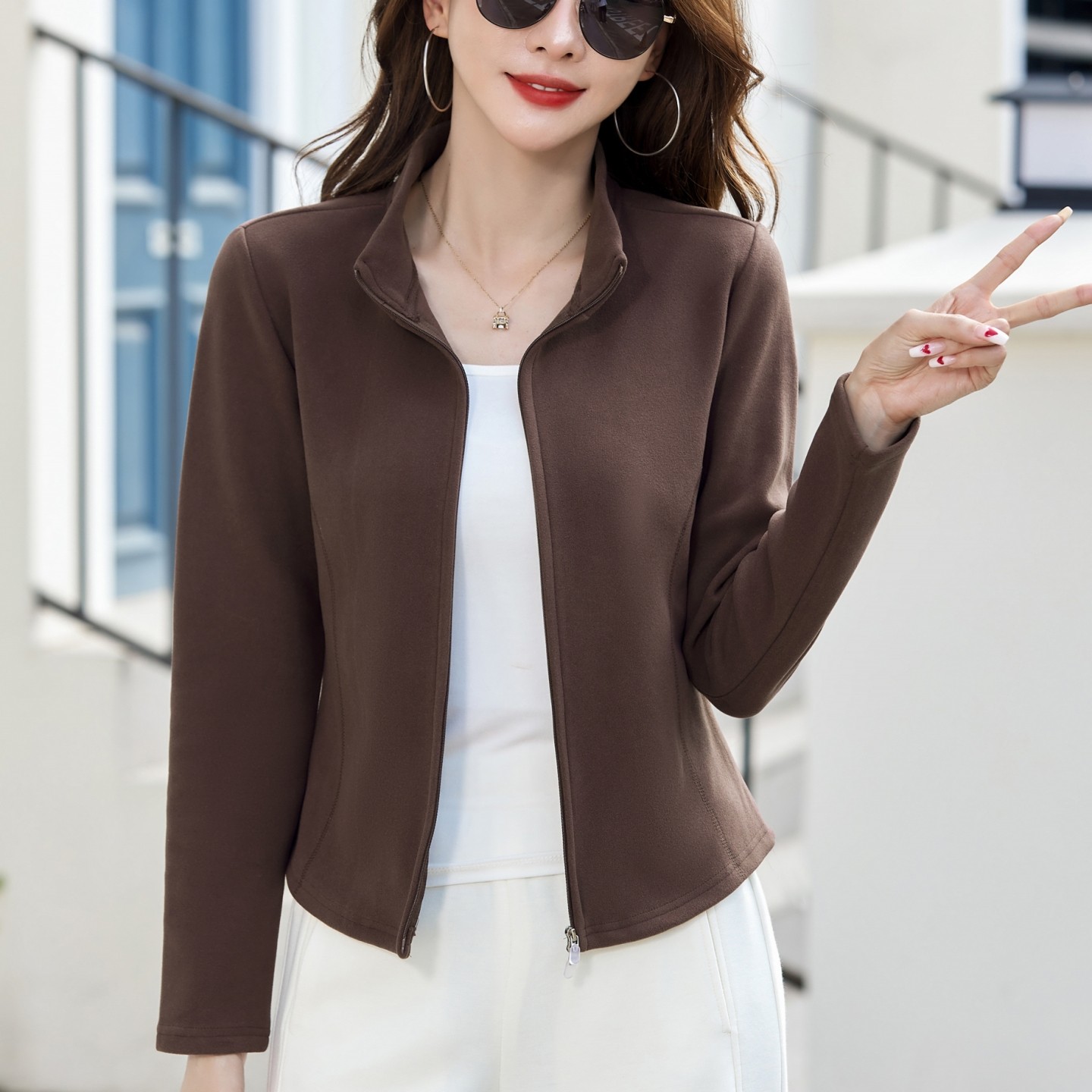 软糯双面绒双拉链短款外套开衫秋冬新款加厚宽松半高领打底衫T恤