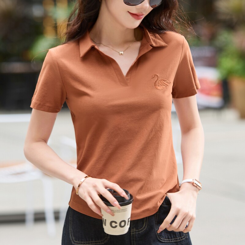 刺绣polo领短袖t恤女纯色