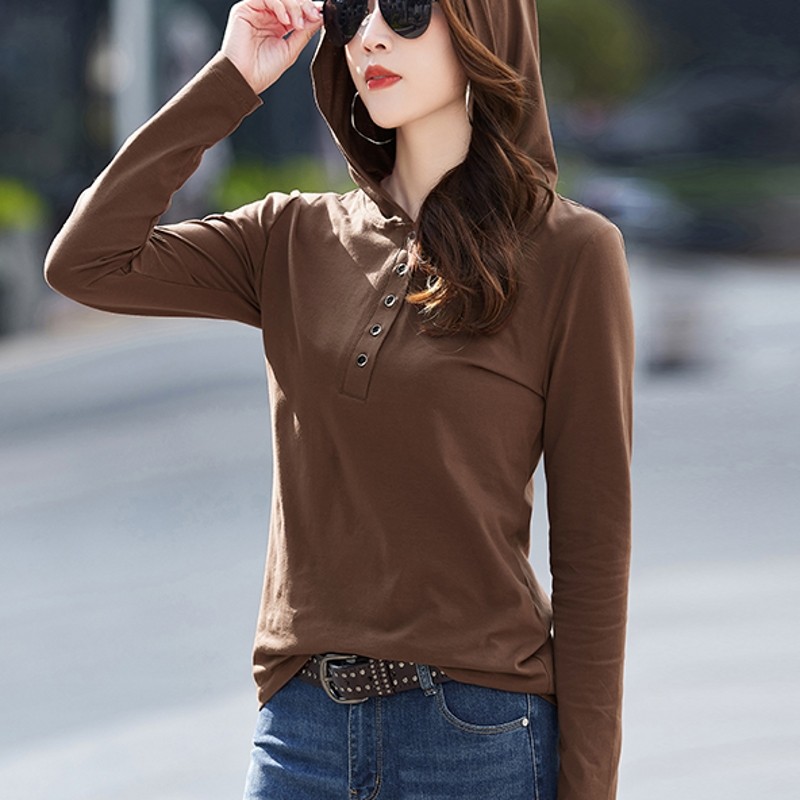 连帽衫外套长袖t恤女春秋纯色纯棉宽松打底衫薄款外穿百搭上衣t桖