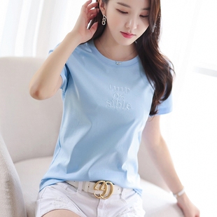 气质半袖 纯色刺绣体桖百搭修身 女t恤夏装 80支双面丝光棉上衣短袖