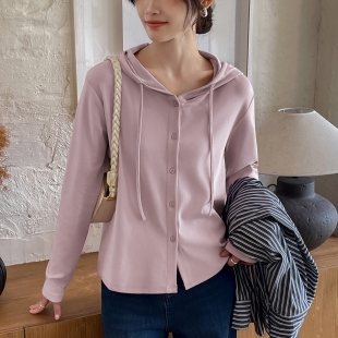 纯棉连帽长袖t恤女开衫外套卫衣春秋2026新款宽松打底衫外穿上衣