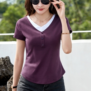 v领短袖t恤女夏季新款设计感时尚假两件紫色灰色正肩修身短款上衣