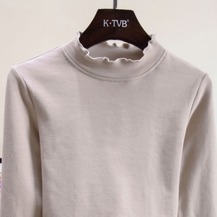 磨毛纯棉木耳边半高领打底衫女内搭秋冬新款修身长袖t恤洋气上衣