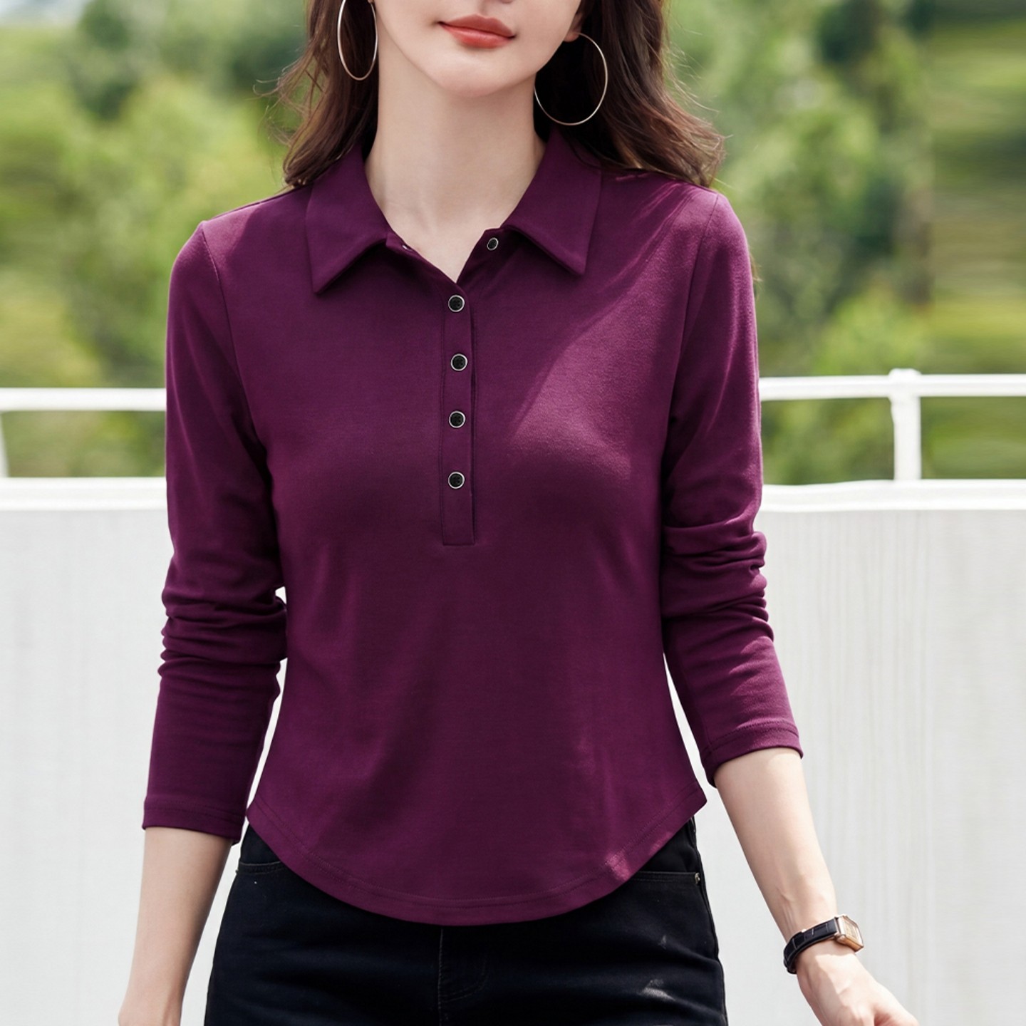 紫色灰色polo领长袖t恤女外穿高级感春秋修身打底衫纯色棉质衣