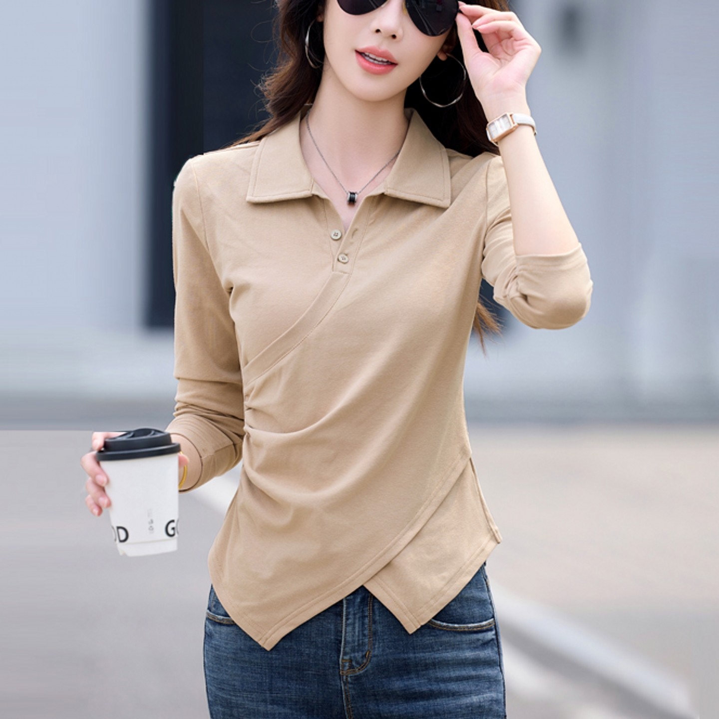 不对称开叉翻领长袖t恤女2025新款春秋正肩纯棉打底衫可外穿上衣