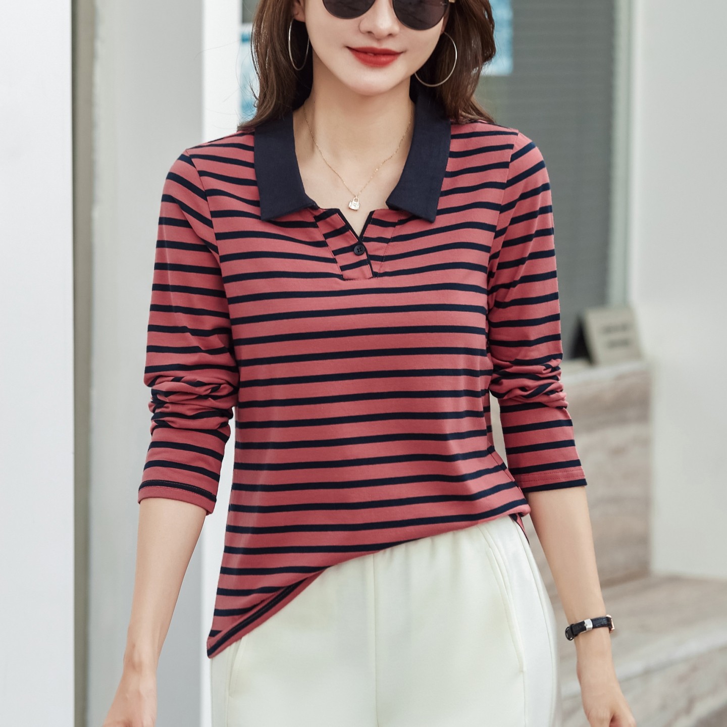 翻领polo衫长袖t恤女新款春秋宽松休闲打底衫可外穿洋气女士上衣