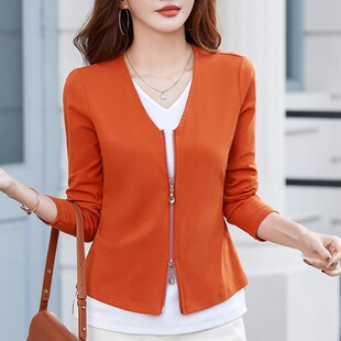 纯棉假两件V领长袖t恤女2026春秋新款大码宽松内搭打底衫洋气上衣