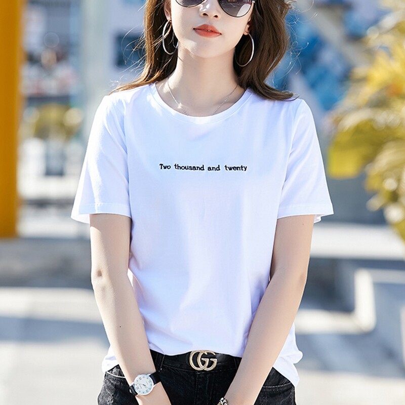 短袖t恤女夏装2026新款宽松大码字母刺绣纯棉T桖汗衫简约休闲上衣