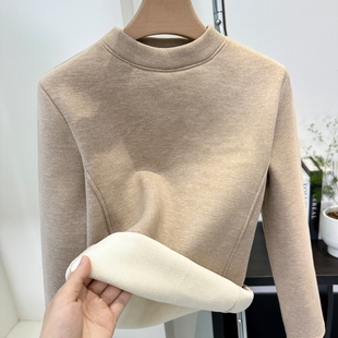 加绒加厚半高领打底衫女内搭秋冬新款高级感宽松立领t恤保暖上衣