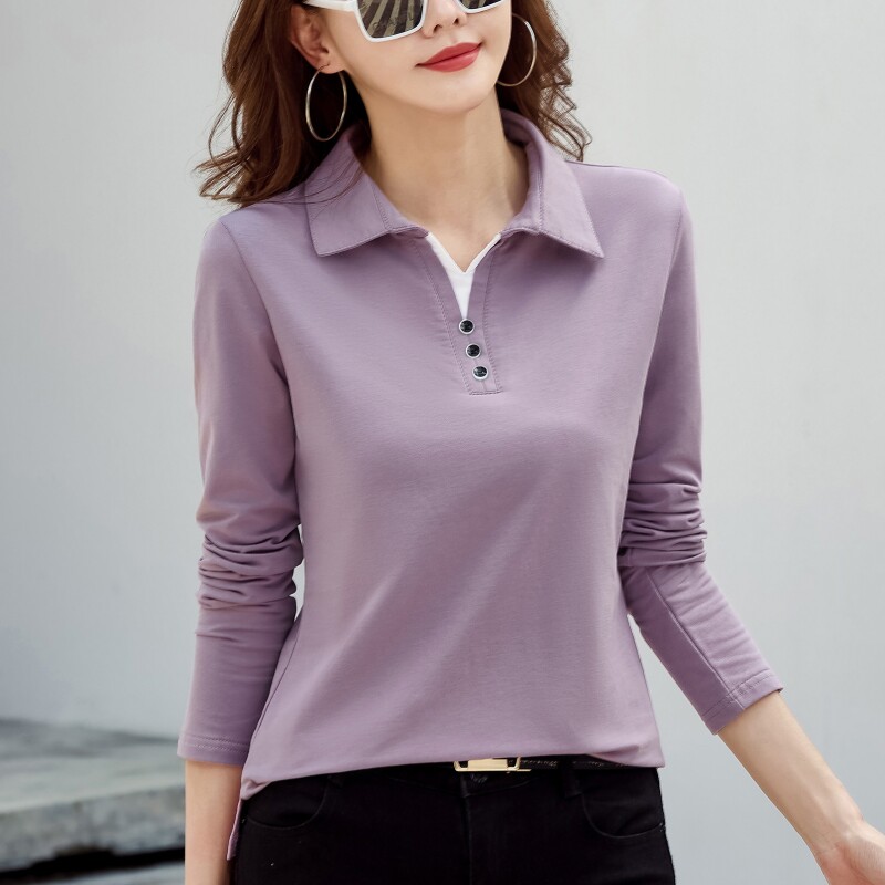 纯棉长袖t恤女2026春秋冬新款宽松休闲百搭翻领polo衫打底衫上衣