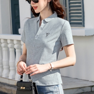 灰色t恤女夏短袖翻领polo领修身体恤衫高级感正肩小个子短款上衣