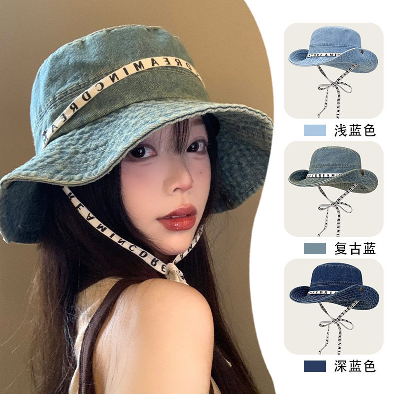 【书婷专享】日系户外字母绑带牛仔渔夫帽子女夏季大帽檐