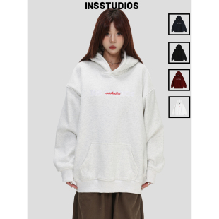 INSstudios 国潮牌美式「重叠刺绣LOGO连帽卫衣」宽松加绒帽衫男