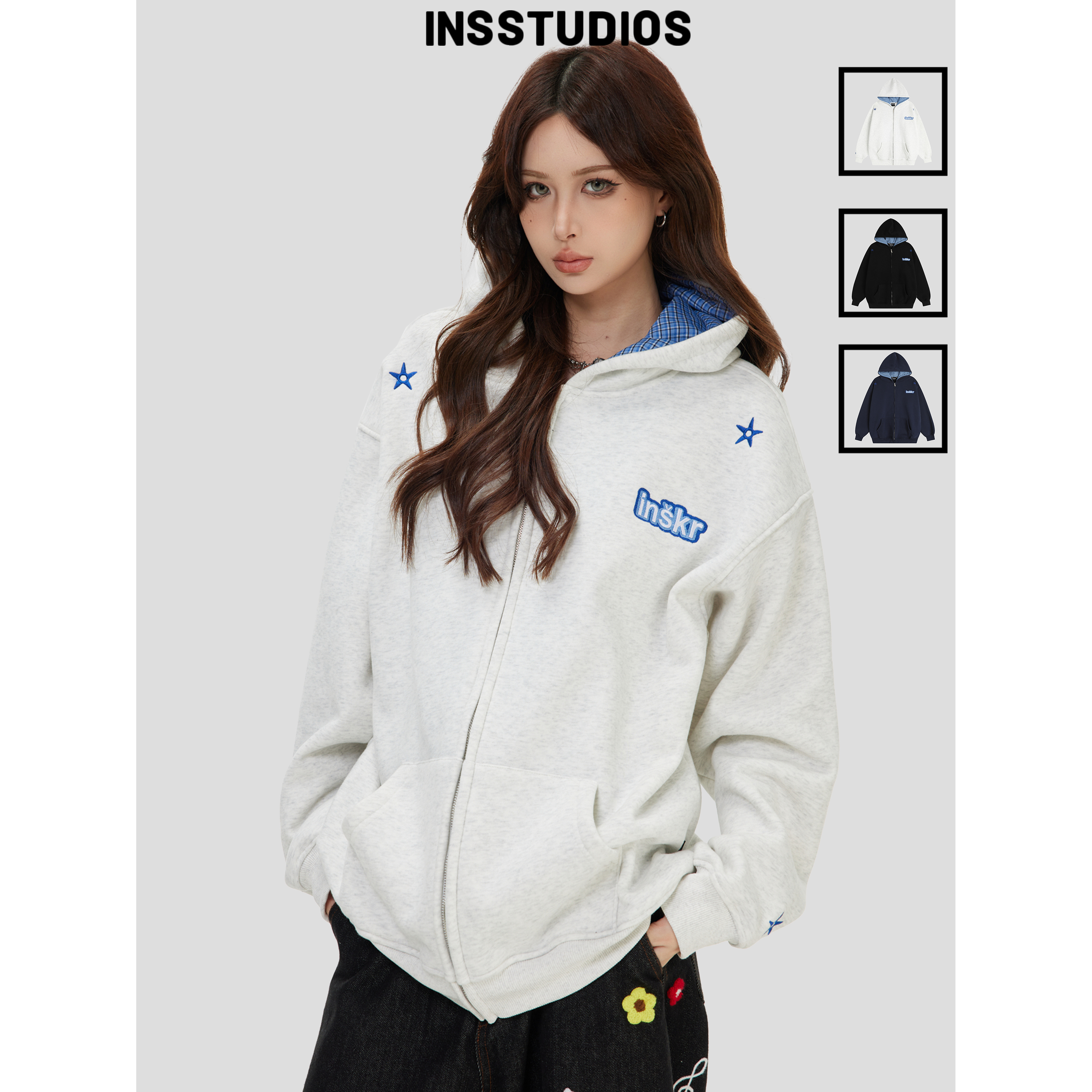 INSstudios「格子拼接开衫卫衣」