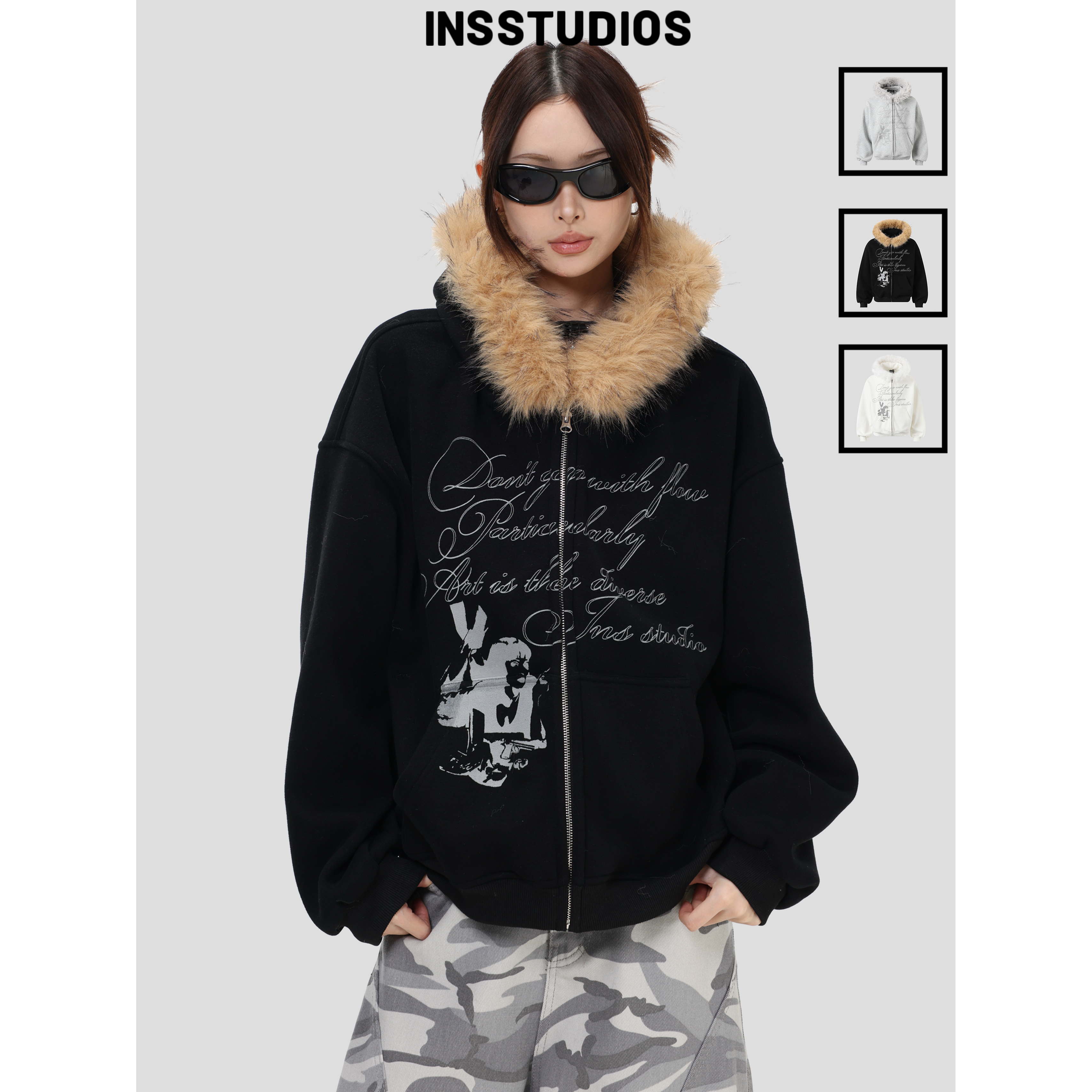 INSstudios大毛领印花连帽卫衣