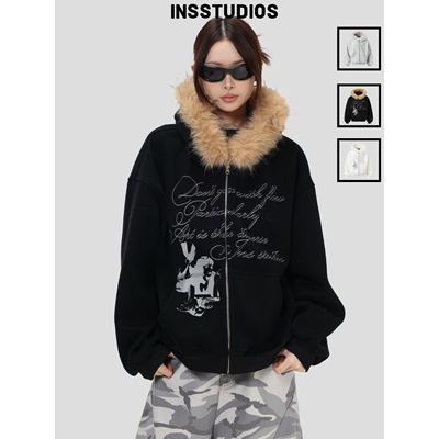 INSstudios大毛领印花连帽卫衣