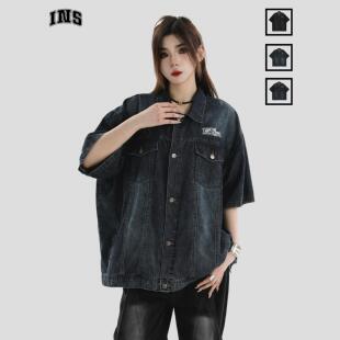 短袖 多口袋渐变水洗牛仔衬衫 衬衣外套 国潮牌情侣美式 INSstudios