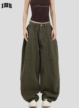 INSstudios 国潮牌情侣美式军绿色弯刀工装裤宽松休闲长裤男裤子