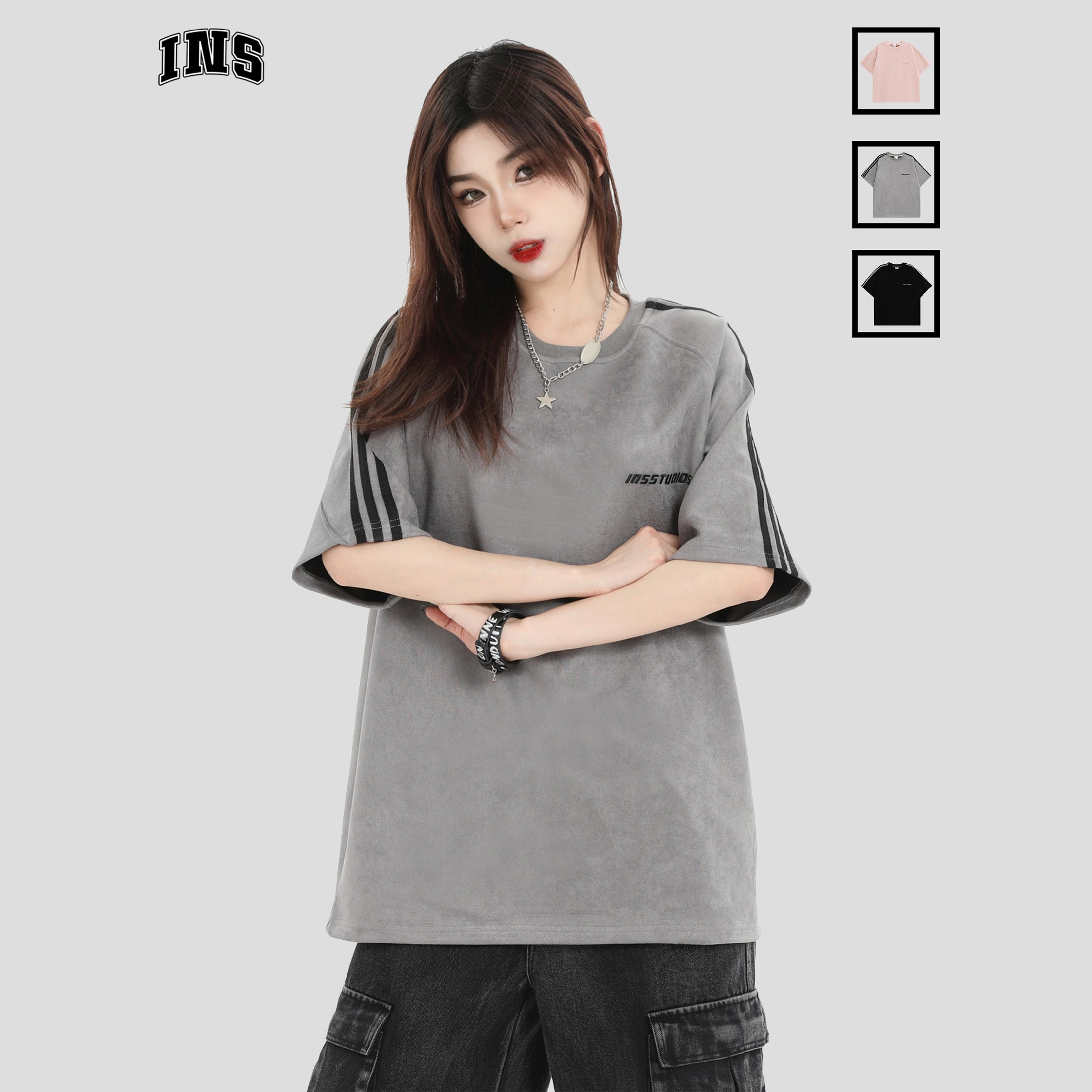 INSstudios条纹麂皮绒短袖