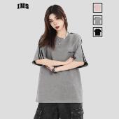 宽松休闲三条杠圆领T恤 条纹麂皮绒短袖 INSstudios 国潮牌情侣美式