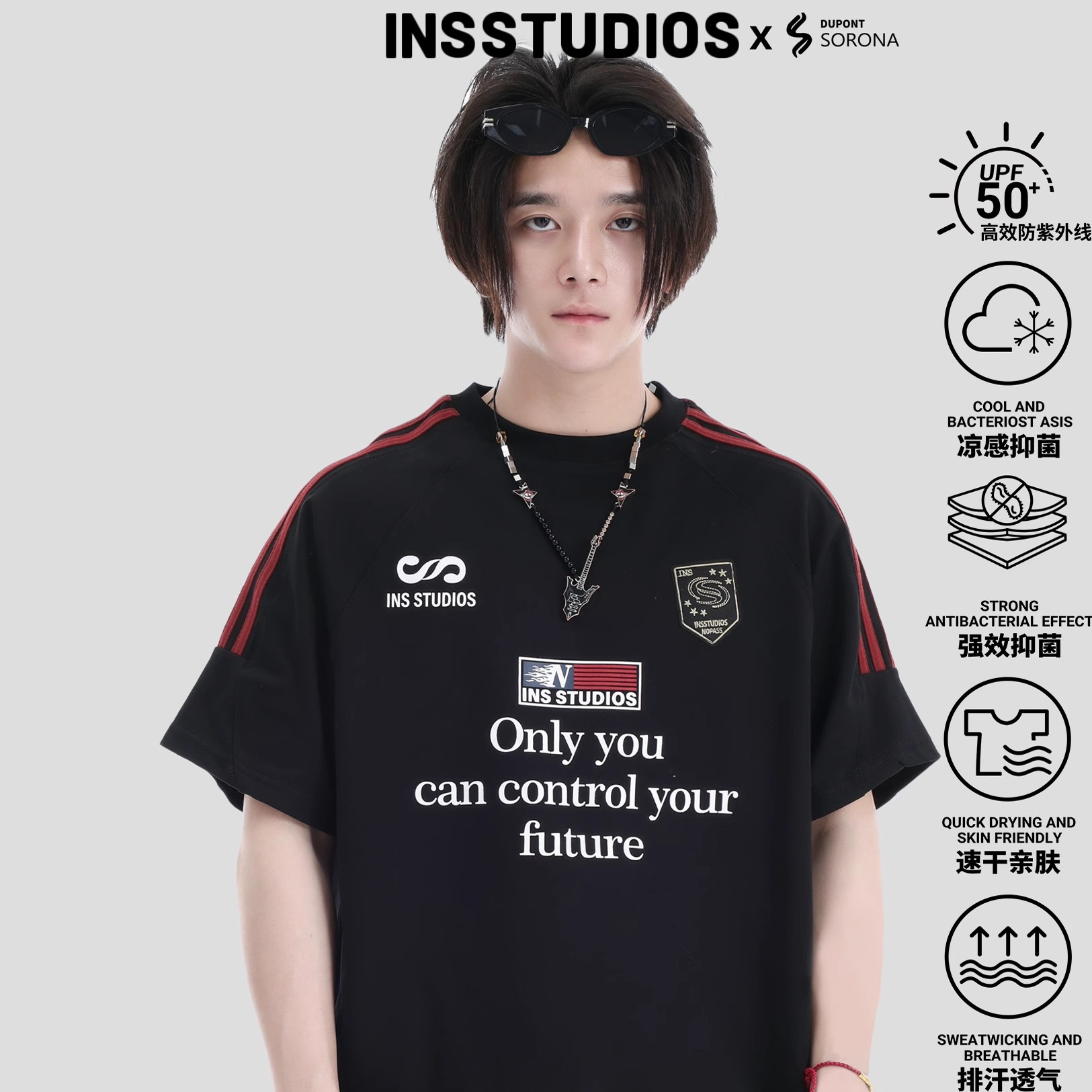 INSstudios徽章织带印花排版短袖