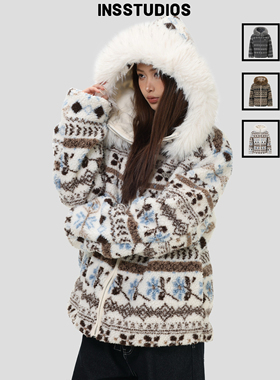 INSstudios 国潮美式复古「毛领连帽费尔岛外套」羊羔毛加绒上衣