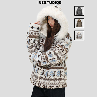 INSstudios 国潮美式复古「毛领连帽费尔岛外套」羊羔毛加绒上衣