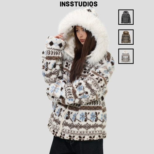 INSstudios毛领连帽费尔岛外套
