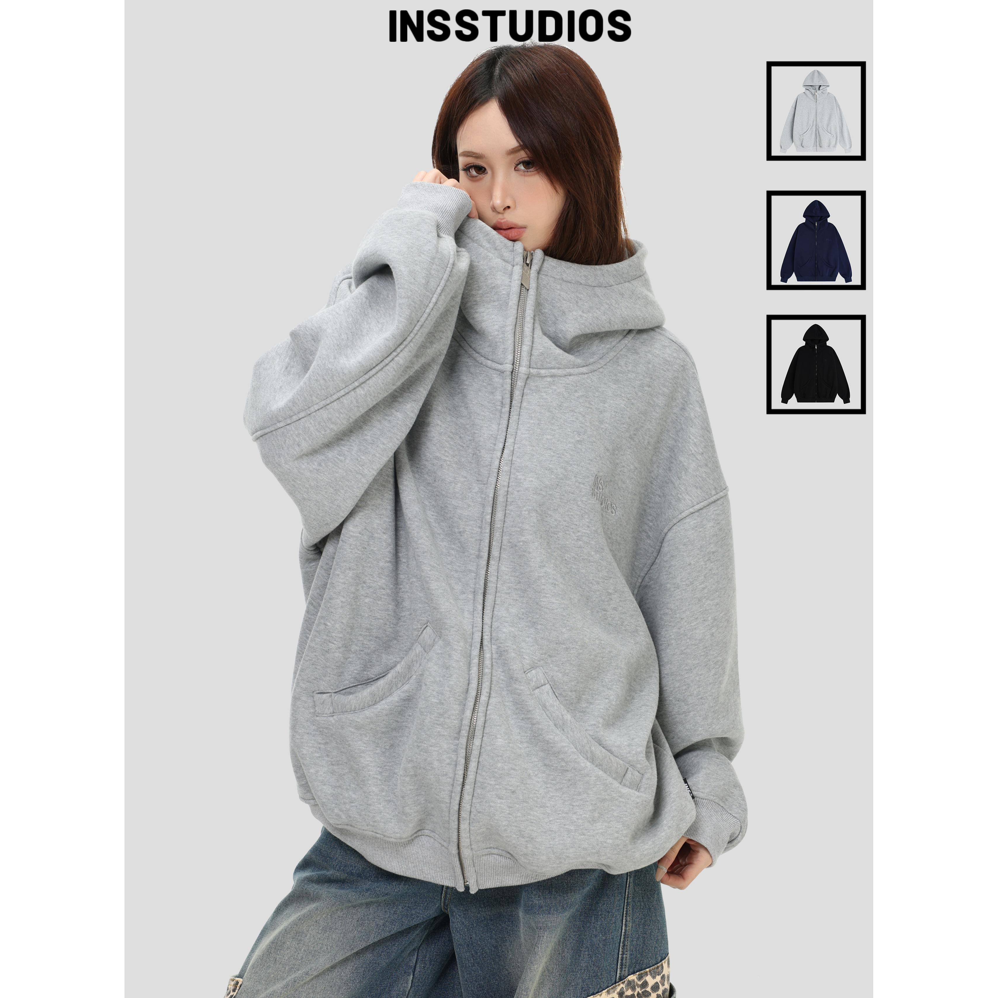 INSstudios「高领廓形连帽卫衣」