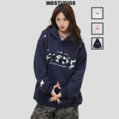 复古「拼音符号豹纹连帽卫衣」宽松加绒帽衫 INSstudios 国潮美式