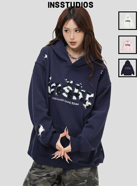 INSstudios 国潮美式复古「拼音符号豹纹连帽卫衣」宽松加绒帽衫