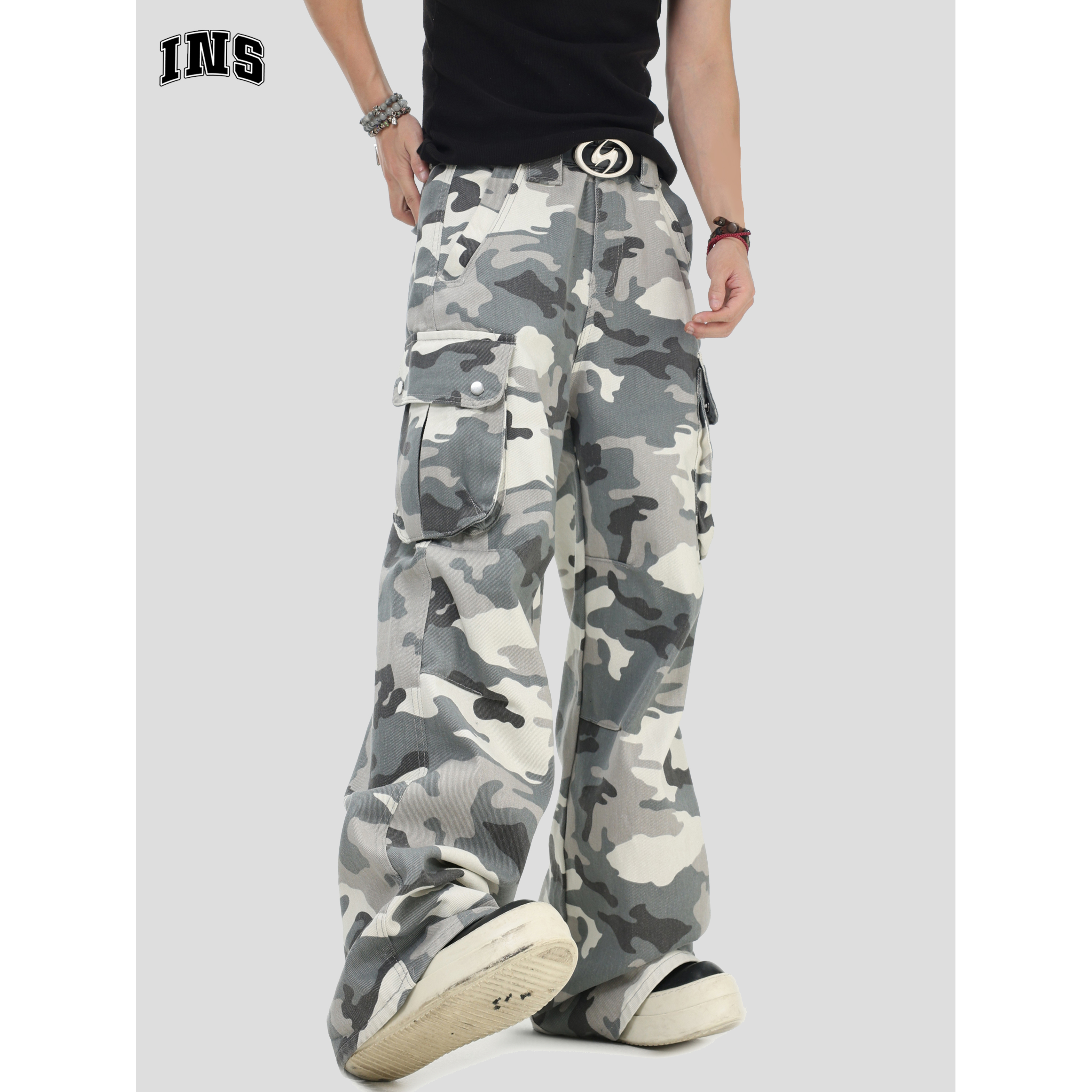 INSstudios多口袋灰白迷彩工装裤