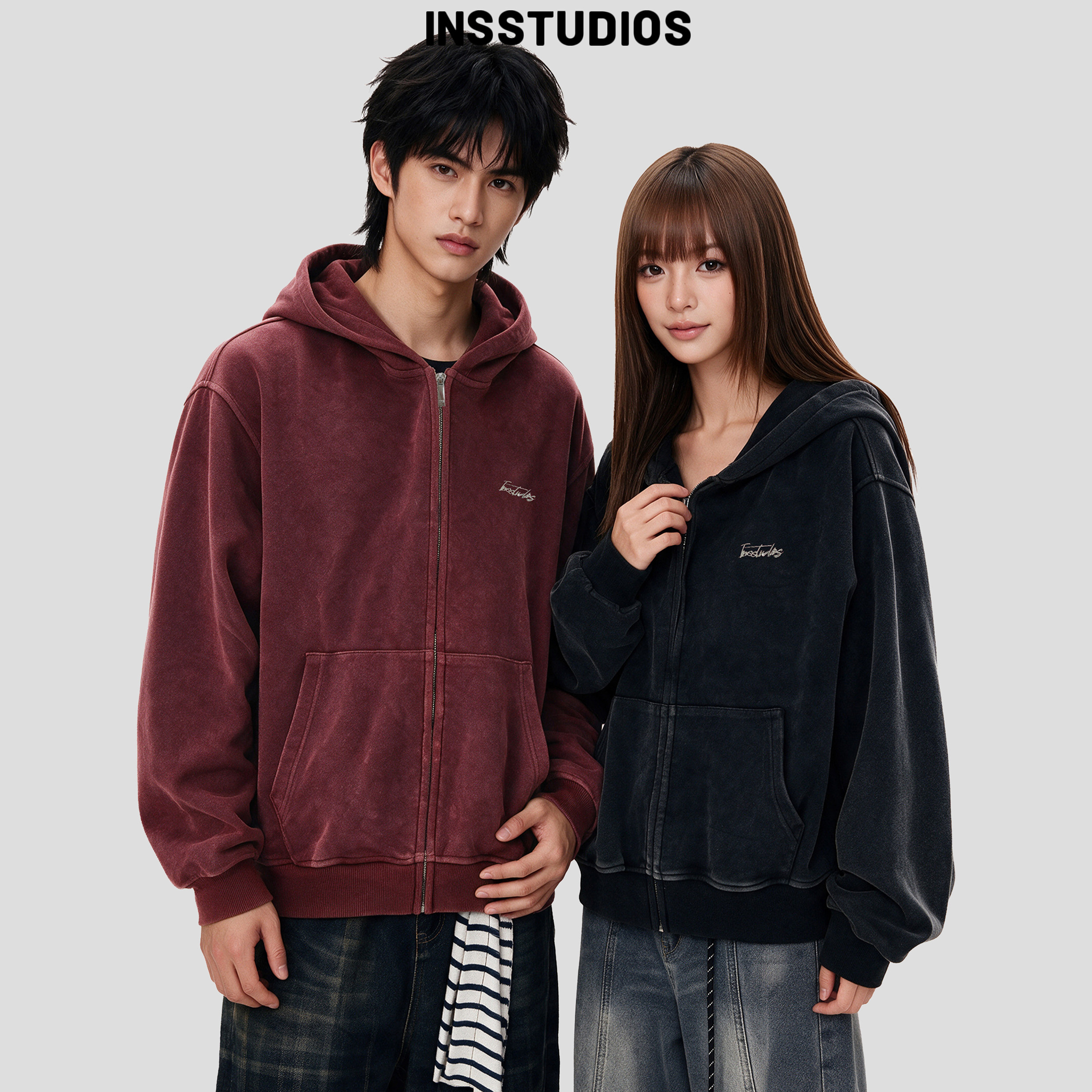 INSstudios 国潮美式「炒色做旧洗水短款卫衣」宽松加绒拉链外套