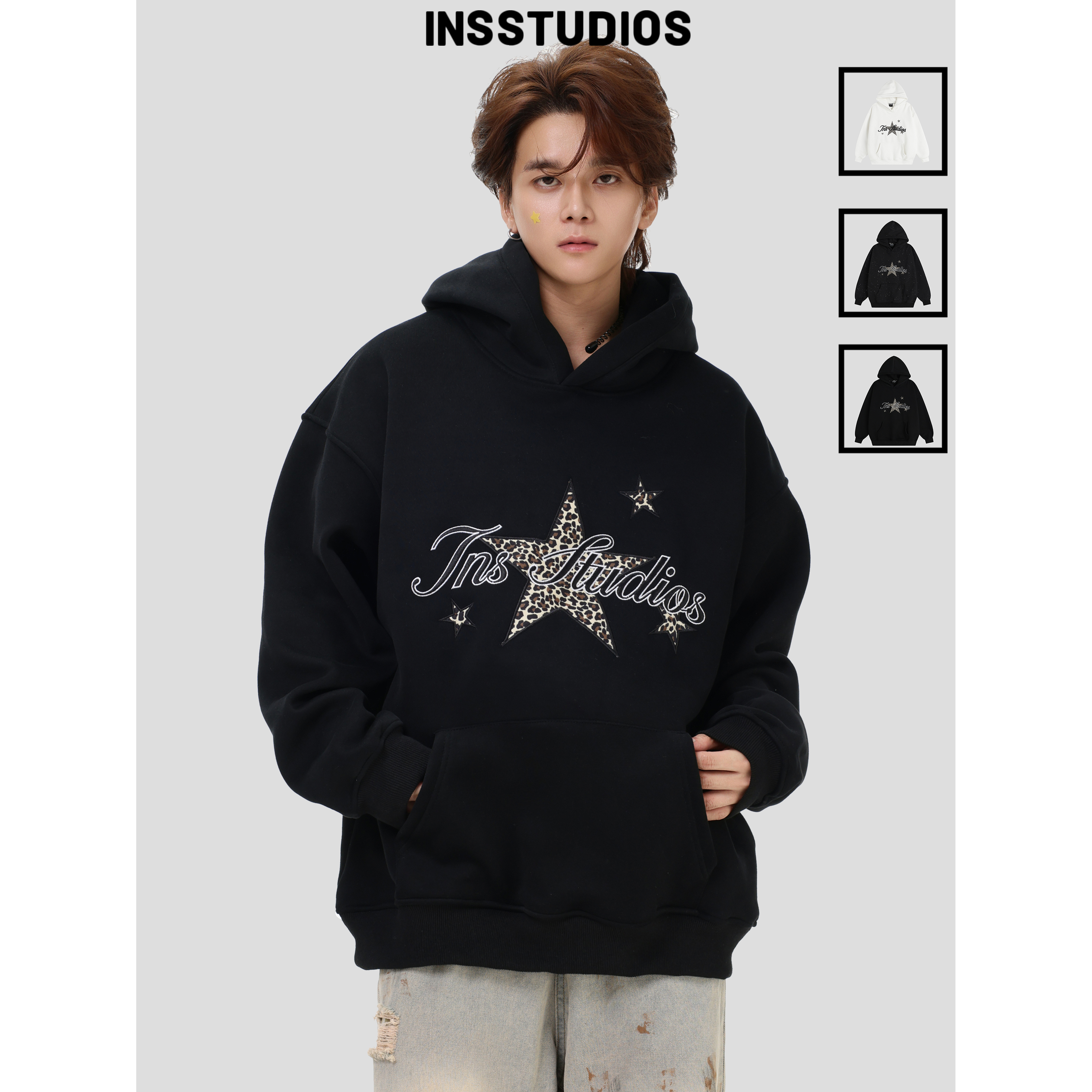 INSstudios豹纹星星刺绣连帽卫衣